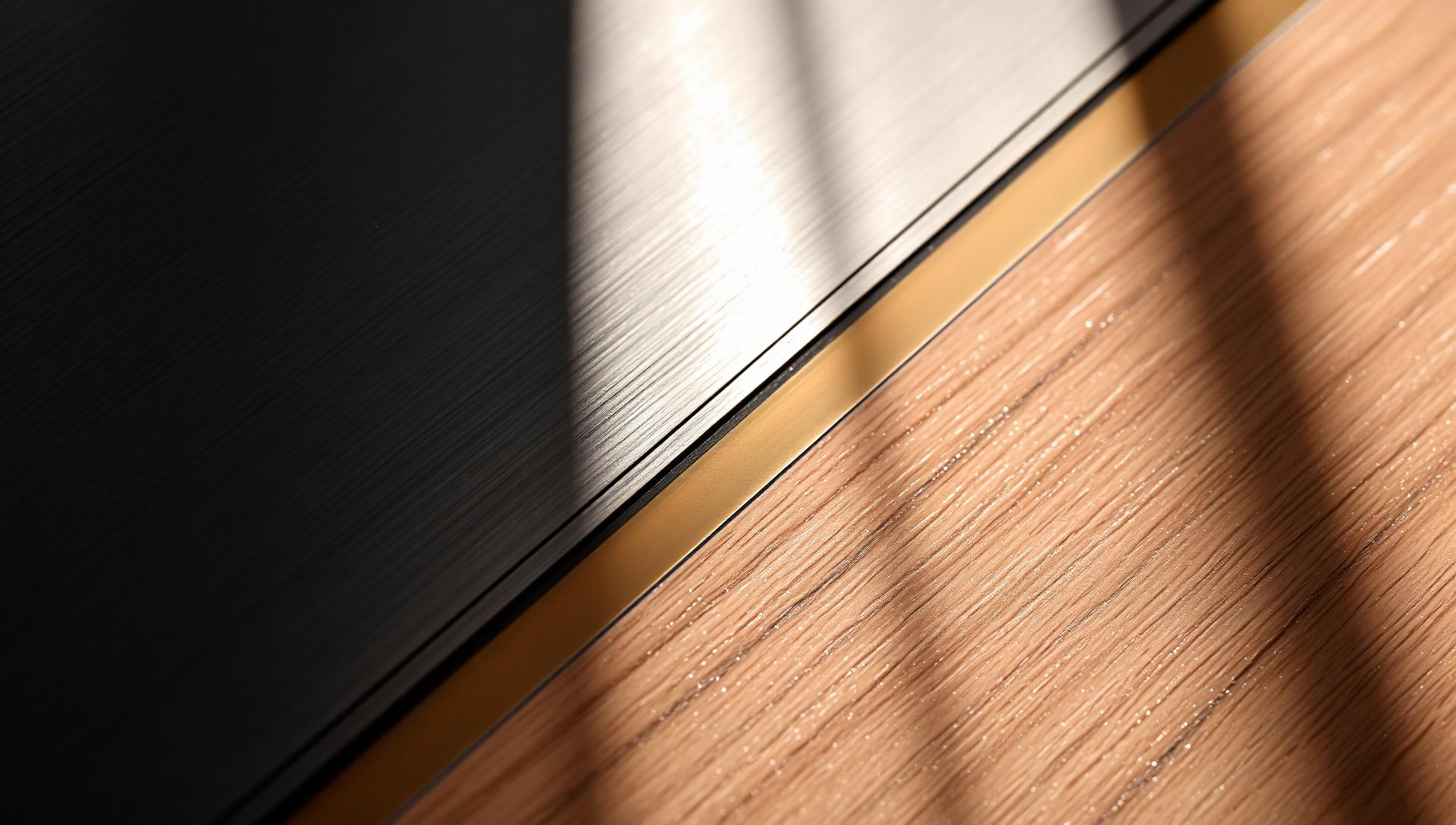 Brushed gunmetal, satin bronze and smoked oak materials